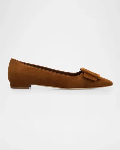 Manolo Blahnik Maysale Suede Buckle Ballerina Flats In Brown