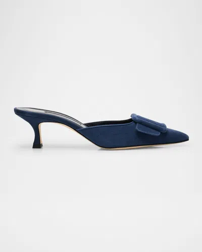 Manolo Blahnik Maysale Suede Buckle Mules In Blue