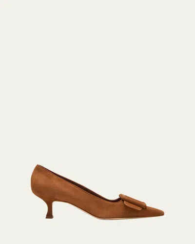 Manolo Blahnik Maysale Suede Buckle Pumps In Brown