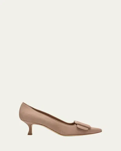 Manolo Blahnik Maysale Suede Buckle Pumps In Dark Nude