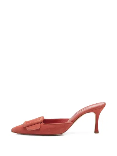 Pre-owned Manolo Blahnik Maysale Suede Mules In Red