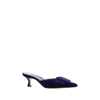 Manolo Blahnik Kitten Heel Mules In Navy Blue Suede