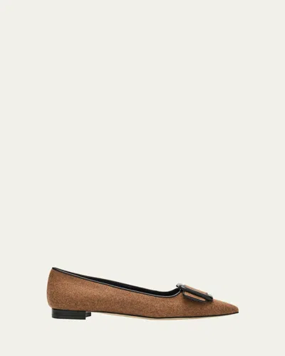 Manolo Blahnik Maysale Wool Buckle Ballerina Flats In Brown
