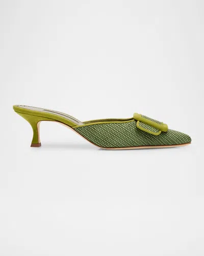 Manolo Blahnik Maysale Woven Buckle Mule Pumps In Dark Green