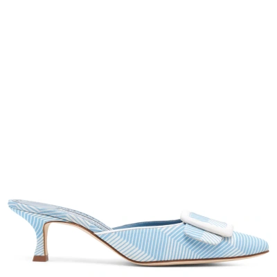 Manolo Blahnik 50mm Maysalebi Grosgrain Mules In Light Blue,white