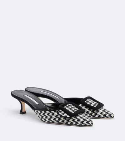 Manolo Blahnik Maysalebi Houndstooth Suede-trimmed Mules In Black