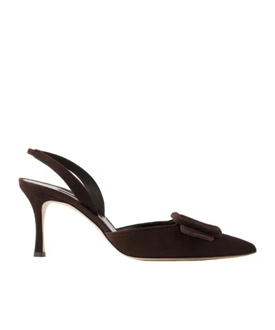 Manolo Blahnik Maysli 70 Buckle-detailed Suede Slingback Pumps In Brown