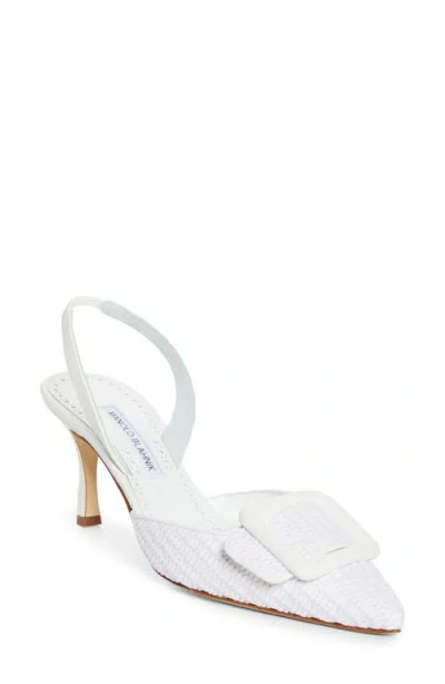 Manolo Blahnik Maysli Buckle Slingback Pump In White