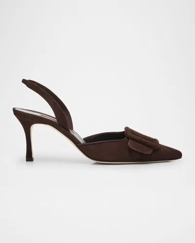 Manolo Blahnik Maysli 70 Buckle-detailed Suede Slingback Pumps In Brown