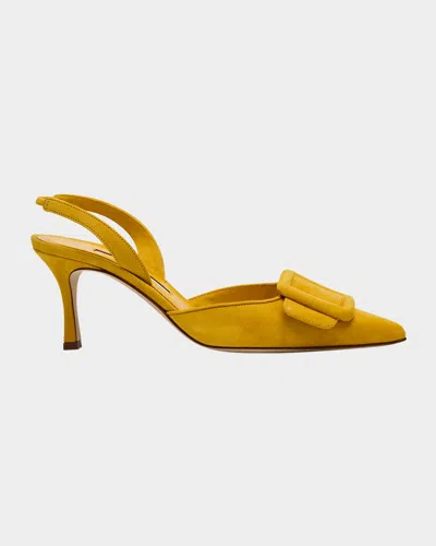 Manolo Blahnik Maysli Suede Buckle Halter Pumps In Yellow