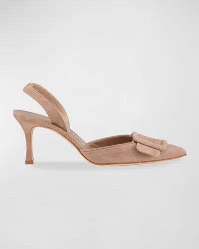 Manolo Blahnik Maysli Suede Buckle Slingback Pumps In Beige