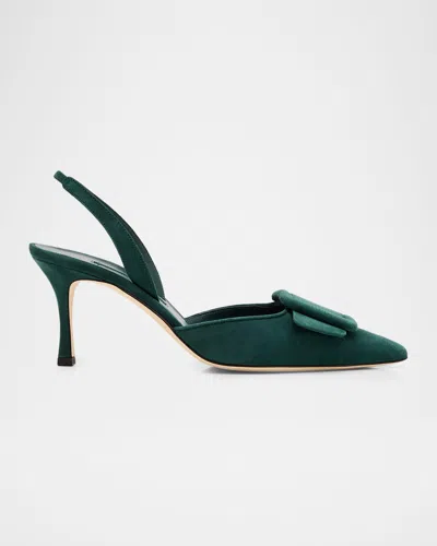 Manolo Blahnik Maysli Suede Buckle Slingback Pumps In Green