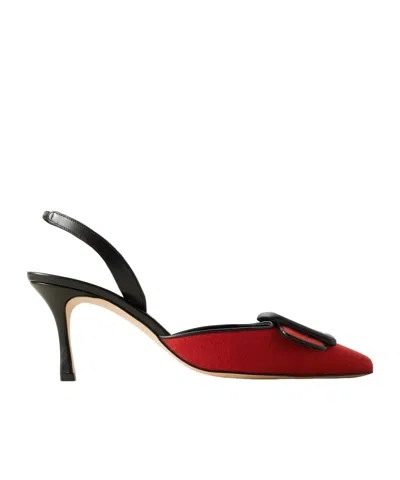 Manolo Blahnik Mayslibi 70 Buckled Leather-trimmed Velvet Slingback Pumps In Red