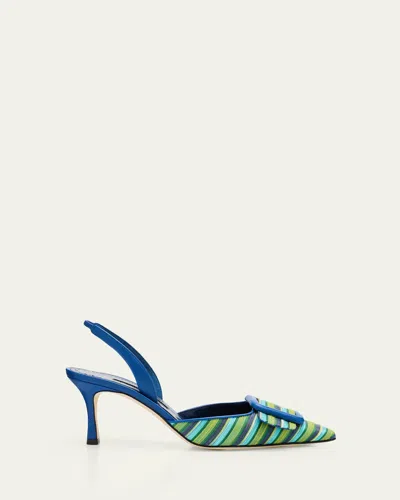 Manolo Blahnik Mayslibi 70mm Striped Slingback Pumps With Buckle In Blue