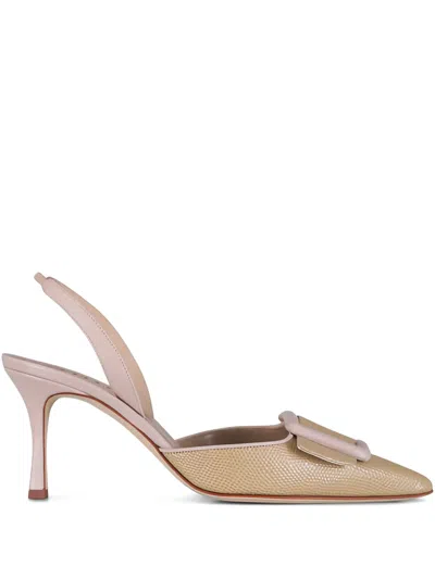 Manolo Blahnik Mayslibi 70 Lizard-effect Leather Slingback Pumps In Neutral