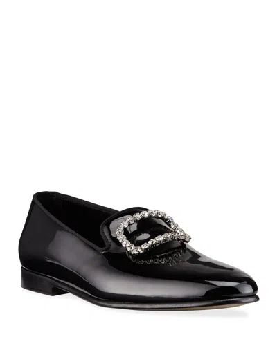 Manolo Blahnik Men's Beau Brummell Mariocc Patent Crystal Buckle Slippers In Black