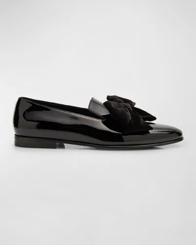 Manolo Blahnik Men's Janser Velvet-bow Patent Leather Loafers In Blck0015