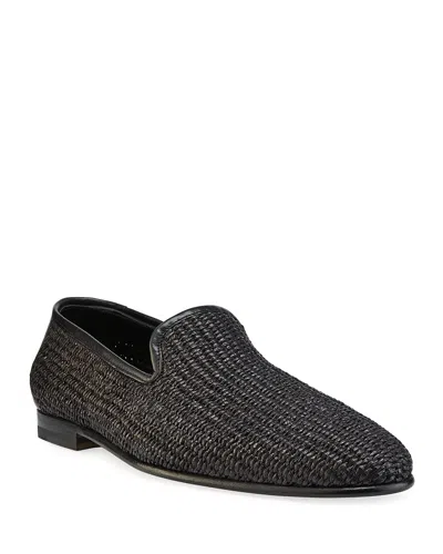 Manolo Blahnik Men's Mario Raffia & Leather Slippers In Black