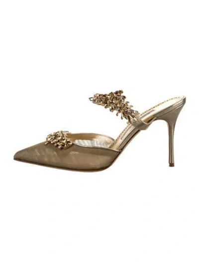 Pre-owned Manolo Blahnik Mesh Crystal Embellishments Mules In Gold/metallic