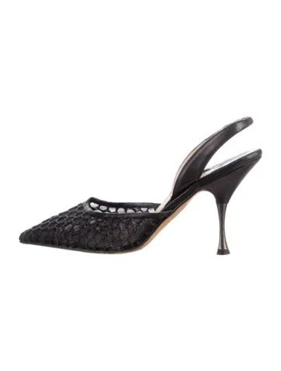 Pre-owned Manolo Blahnik Mesh Lace Trim Embellishment Slingback Pumps In Black