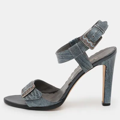 Pre-owned Manolo Blahnik Metallic Blue Lizard Embossed Leather Ankle Strap Sandals Size 38.5