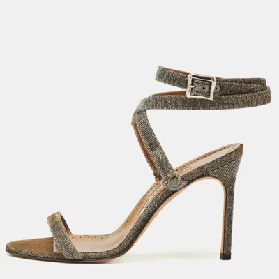 Pre-owned Manolo Blahnik Metallic Glitter Accents Ankle Strap Sandals Size 39 In Silver