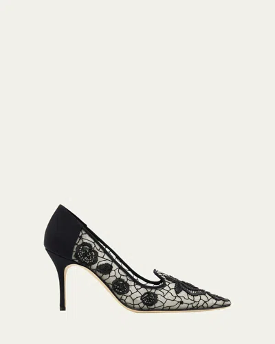 Manolo Blahnik Milandra Beaded Floral Lace Pumps In Black
