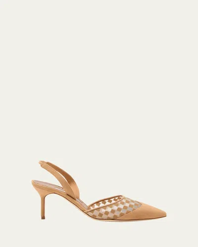 Manolo Blahnik Mingosli Check Suede Slingback Pumps In Medium Brown
