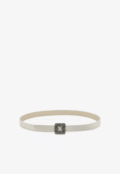 Manolo Blahnik Mini Hangisi Satin Belt With Crystal Buckle In White