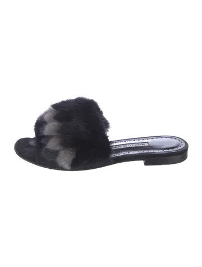 Pre-owned Manolo Blahnik Mink Fur Trim Slides In Black