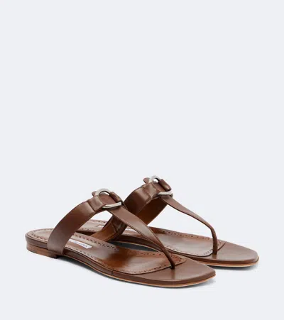 Manolo Blahnik Mionasan Leather Thong Sandals In Brown