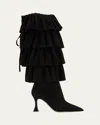 Manolo Blahnik Suede Miralone Boots With Pointed Toe And Ruffled Design In Black