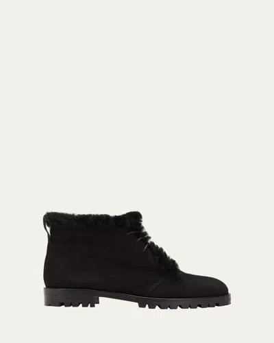 Manolo Blahnik Mircus Suede Shearling Lace-up Booties In Black