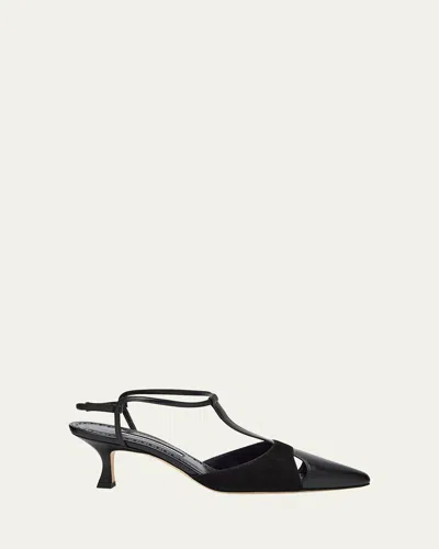 MANOLO BLAHNIK MIXED LEATHER T-STRAP PUMPS