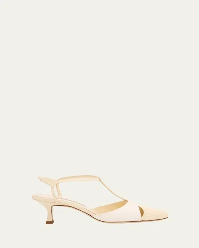 Manolo Blahnik Mixed Leather T-strap Pumps In White