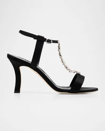 Manolo Blahnik Molasan Embellished T-strap Satin Sandals In Black