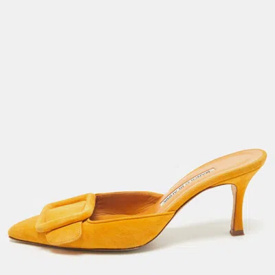 Pre-owned Manolo Blahnik Mustard Suede Maysale Mules Size 36.5