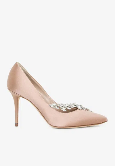 Manolo Blahnik Nadira 90 Crystal-embellished Satin Pumps In Nude