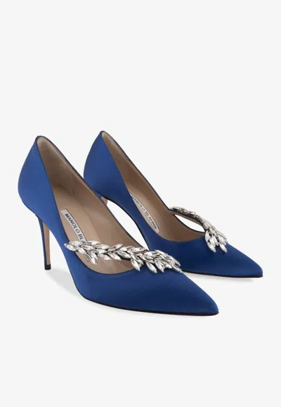 Manolo Blahnik Nadira 90 Satin Crystal-embellished Pointed Pumps In Blue