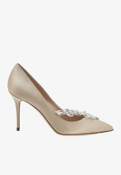 Manolo Blahnik Nadira 90 Satin Crystal-embellished Pumps In Champagne