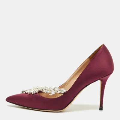 Pre-owned Manolo Blahnik Nadira Size 37 Burgundy Satin Crystal Embellished Pumps