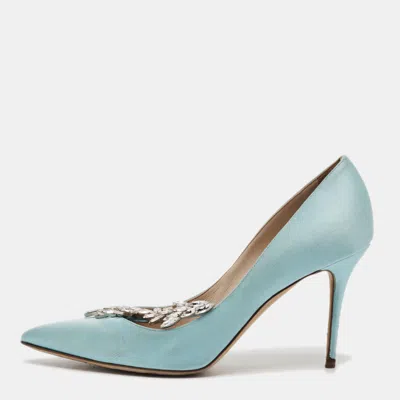 Pre-owned Manolo Blahnik Nadira Size 39 Teal Satin Pumps In Blue