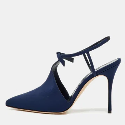 Pre-owned Manolo Blahnik Navy Blue Fabric Corintia Bow Pointed Toe Slingback Mules Size 38.5