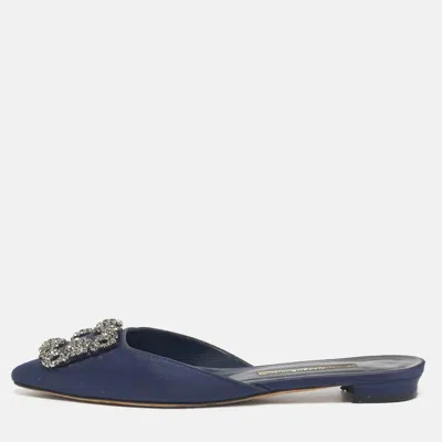 Manolo Blahnik Navy Blue Satin Hangisi Crystal Embellished Flat Mules