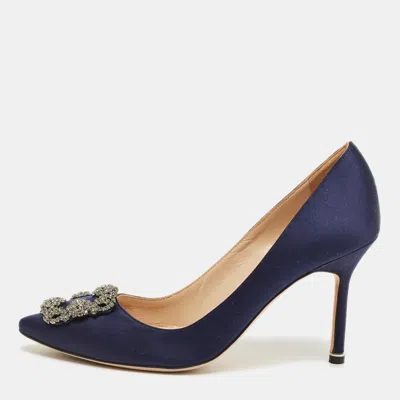 Pre-owned Manolo Blahnik Navy Blue Satin Hangisi Crystal Embellished Pumps Size 38.5