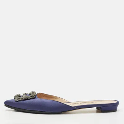 Pre-owned Manolo Blahnik Navy Blue Satin Hangisi Flat Mules Size 39