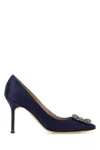 Manolo Blahnik Navy Blue Satin Hangisi Pumps In Multi