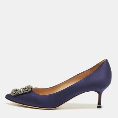 Pre-owned Manolo Blahnik Navy Blue Satin Hangisi Pumps Size 39.5