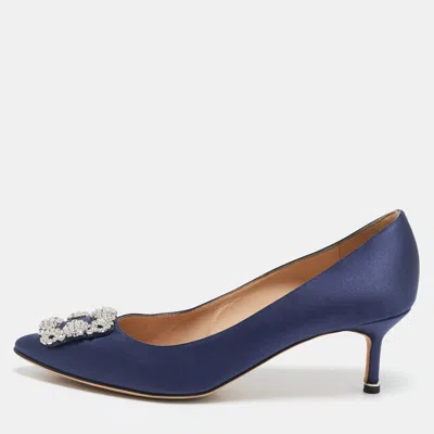 Pre-owned Manolo Blahnik Navy Blue Satin Hangisi Pumps Size 40.5