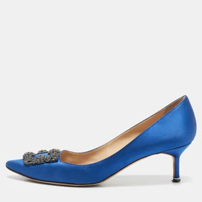 Pre-owned Manolo Blahnik Navy Blue Satin Hangisi Pumps Size 41